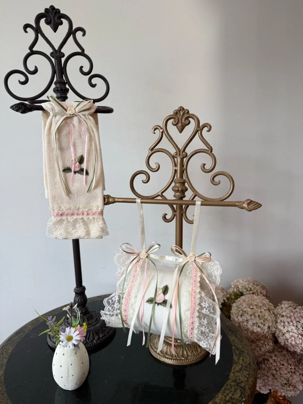 🌸 Hand Crafted Cream and Pink Embroidered Rose Towel & Toilet Paper Holder 🌸